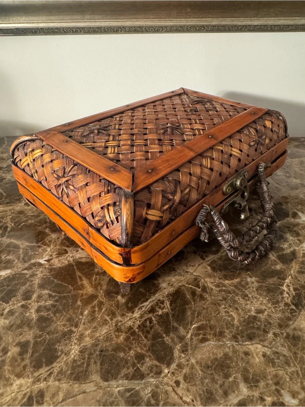 Vintage Woven Wood Storage Box / Trinket Case with Braided Handle